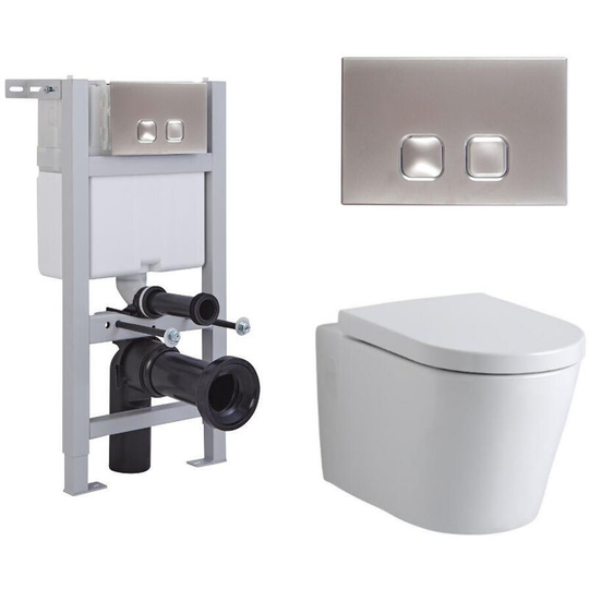 Ballam - White Ceramic Modern Bathroom Wall Hung Round Toilet wc with Short Wall Frame, Dual Flush Cistern, Soft Close Seat and Square Chrome Flush