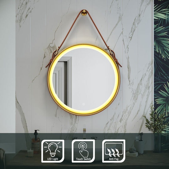 Elegant - 600 x 600 mm Bathroom led Round Mirror Wall Mounted Gold Frame Led Mirror with Belt, Demister Pad