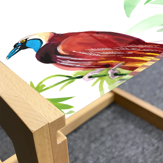 Tropical Coffee Table, Watercolor Style Pattern Of Exotic Birds And Green Leaves Island Flowers, Acrylic Glass Center Table With Wooden Frame For Offi