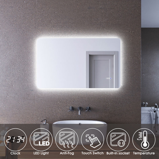 Led Illuminated Bathroom Mirror 1000 x 600mm with Clock Temperature Display Anti-foggy Led Mirror - Elegant