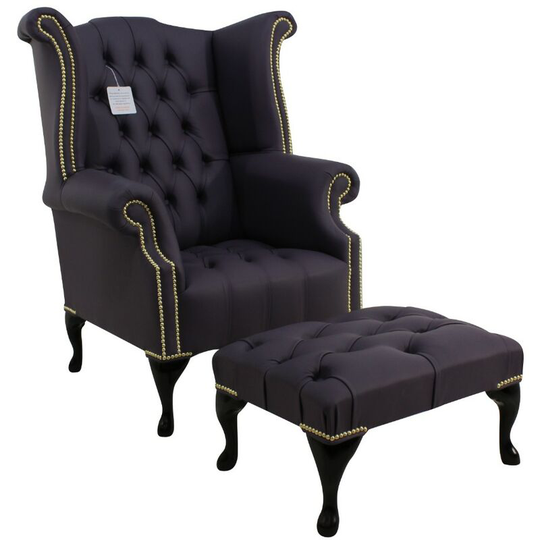 Designersofas4u - Chesterfield Buttoned Seat Queen Anne High Back Wing Chair Amethyst Purple Leather + Footstool