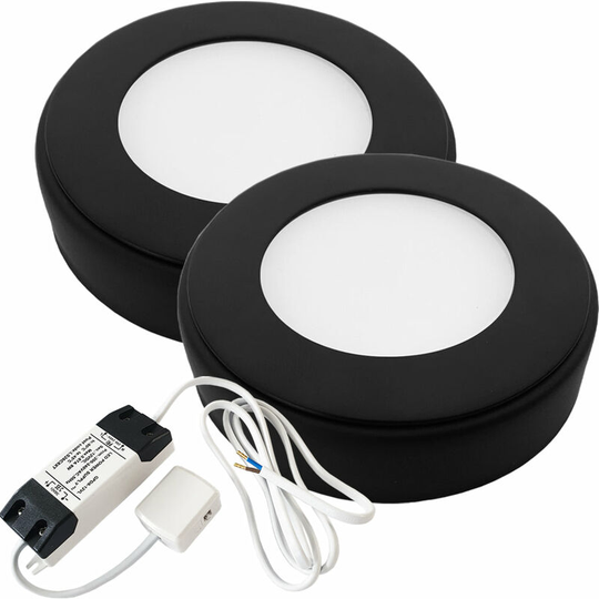 2x matt black Round Surface or Flush Under Cabinet Kitchen Light & Driver Kit - Natural White led