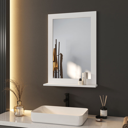 Meykoers - Bathroom Mirror 50x70cm with Storage Rack shelf, White Frame Wall Mounted Bathroom Mirror - 50x70x12cm
