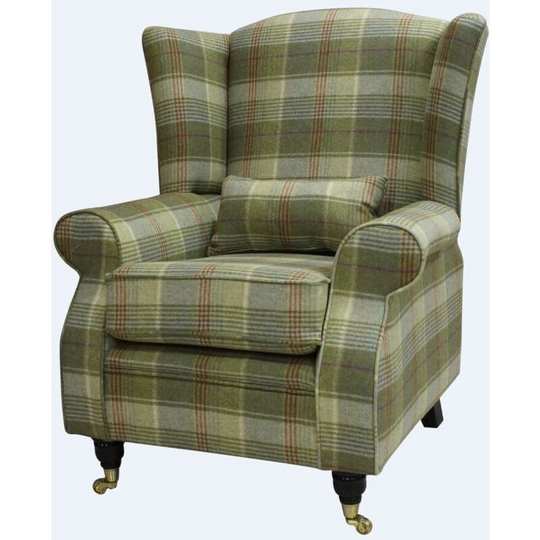 Arnold Wool Tweed Wing Chair Fireside High Back Armchair Hunting Tower Hemp Check Fabric