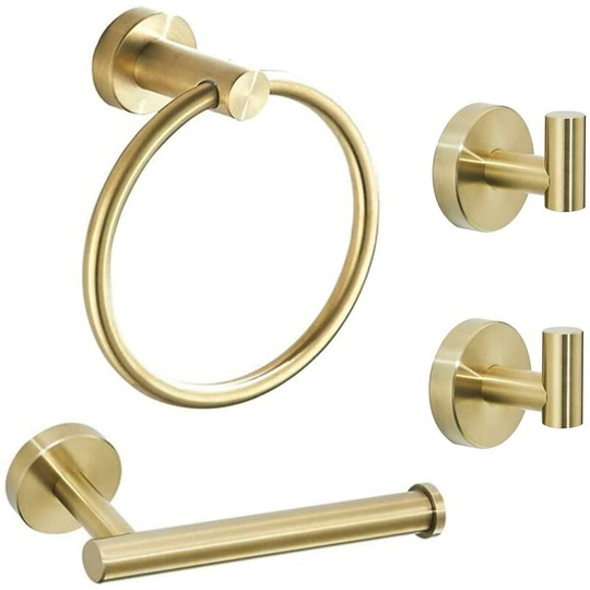 Gold Bathroom Hardware Set, Brushed Gold Toilet Paper Holder Towel Ring and 2 Robe Hook Bathroom Accessories Hand Towel Holder Kit Wall Mount