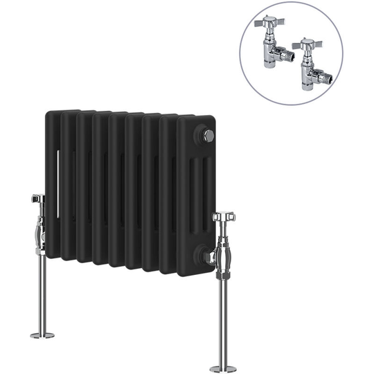 Traditional Rad Cast Iron Style Radiator Black + Chrome Angled Traditional Radiator Manual Valves 300x425mm Horizontal Triple Column