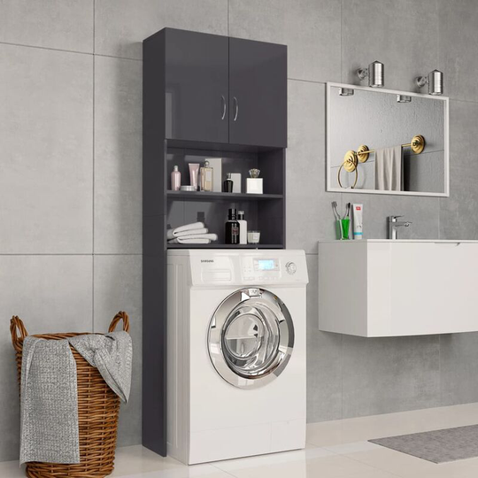 Washing Machine Cabinet High Gloss Grey 64x25.5x190 cm Chipboard - Grey