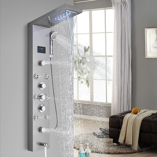 Suguword - Shower Tower System Stainless Steel led Rainfall Waterfall Shower Head lcd Display and Handheld Sprayer 8 Massage Jets Tub Spout,Brushed
