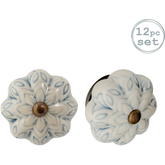 Floral Ceramic Cabinet Knobs - Grey - Pack of 12 - Nicola Spring