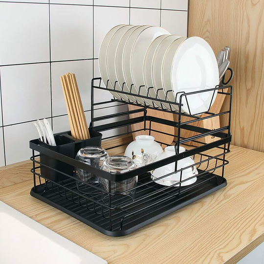 Removable dish drainer - 2 layers - With drip tray - For cutlery - 43 × 32 × 27 - Black