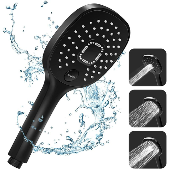 High pressure shower, 3 mode water saving shower with on/off button, hand shower and hand shower in matte black abs