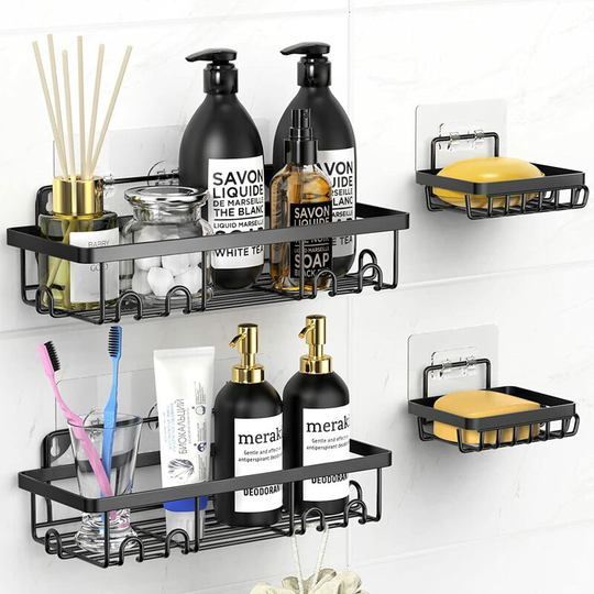 Shower Holder with 6 Hooks, Adhesive Shower Holder with Soap Dish, No Drilling Bathroom Shower Holder, Rustproof Bathroom Accessories Storage Box for