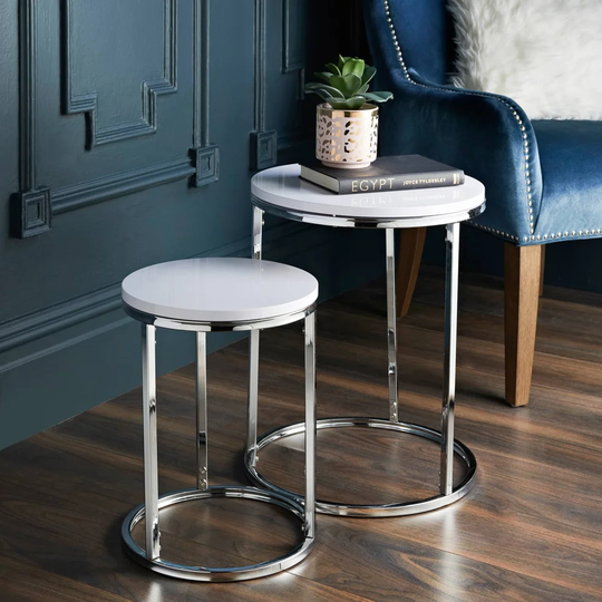 Set Of 2 Tables White Table Top Chrome Legs Living Room Decoration Space Saving Design