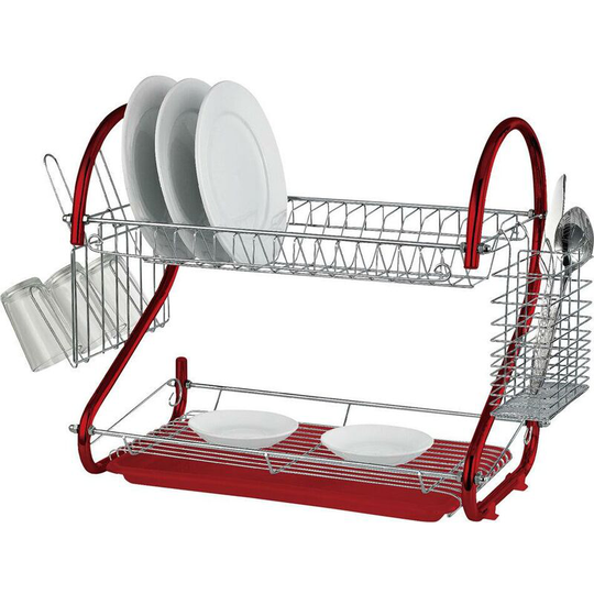 DP - 2 tier red chrome plate dish cutlery cup drainer rack drip tray plates holder