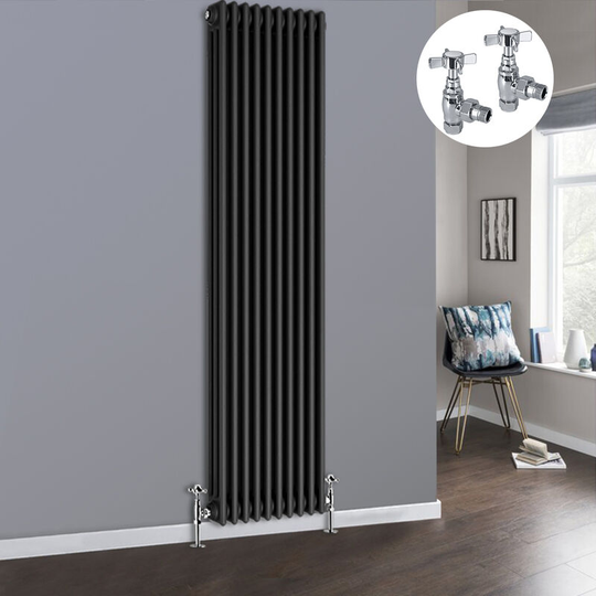 NRG - Anthracite 3 Column Traditional Cast Iron Style Radiator with Chrome Angled Cross Head Manual Valves Vertical 1800x472mm