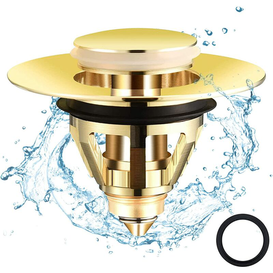 Ilovemilan - Pop Up Basin Stopper with Anti-Clogging Filter, Universal Drain Plug, Countertop Basin Drain, Bathtub Drain (Gold, 34-38 mm)