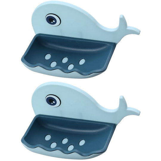 Whale Shape Non-Punched Soap Holder, Drain Soap Dish Toilet Soap Holder Wall-Mounted Shelf Soap -Lightblue+NavyBlue