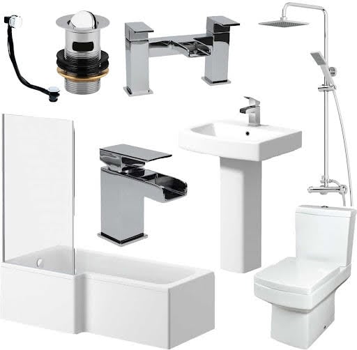 Royan Complete Bathroom Suite Bundle with L Shape Shower Bath - Left Hand 1700mm