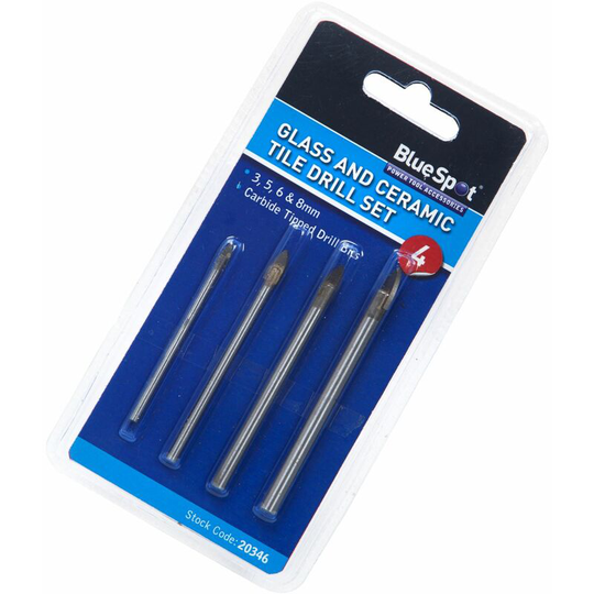 Bluespot 4Pc Tools Ceramic Tile Glass And Mirror Drill Bit Set 3mm 5mm 6mm 8mm bits