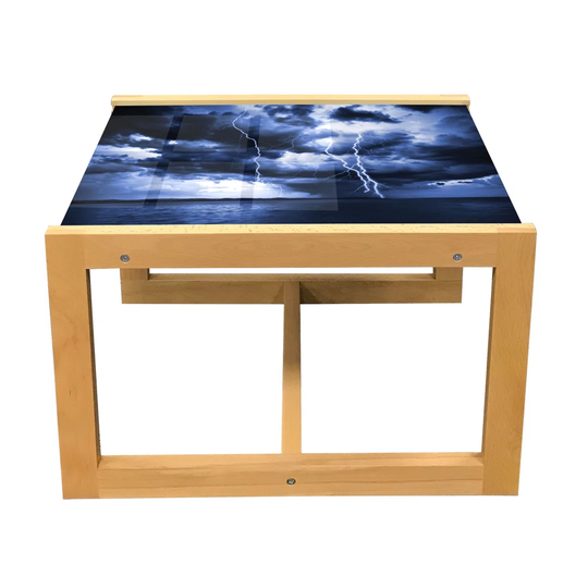 Nature Coffee Table, Majestic Sky View With Huge Rain Clouds All Over The Sea And Vibrant Storm Rays Print, Acrylic Glass Center Table With Wooden Fra