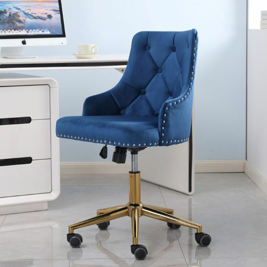 Velvet Upholstered Office Chair Desk Chair Button Tufted Swivel Chair Armchair in Blue - blue