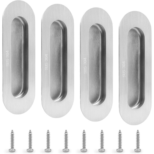 4 Pieces Sliding Door Door Handles, Silver Invisible Door Handles, Recessed Oval Handle Brushed Stainless Steel for Drawers, Cabinets, Hairdressers