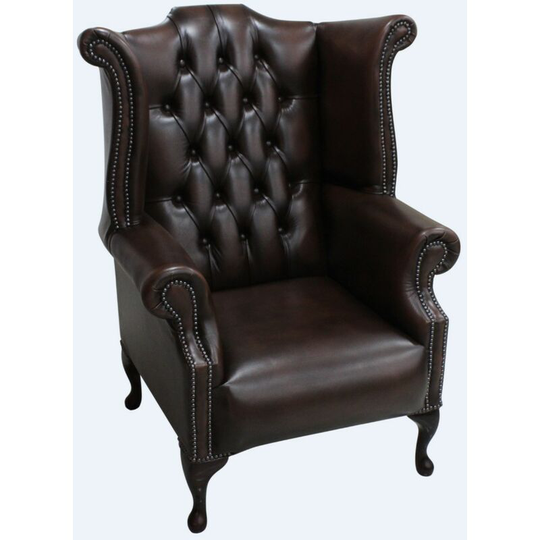 Chesterfield 1780's Queen Anne High Back Wing Chair Antique Brown leather