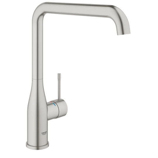 GROHE Essence single-lever kitchen tap with high L-shaped spout. A German engineered sink mixer with selectable swivel range. Colour: SuperSteel. 3026