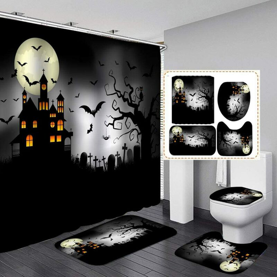 Haunted House Halloween Shower Curtain Sets, 71 Inch x 71 Inch Halloween Bathroom Decor Set - Shower Curtain with Mat, Toilet Lid Cover, Bath Mat
