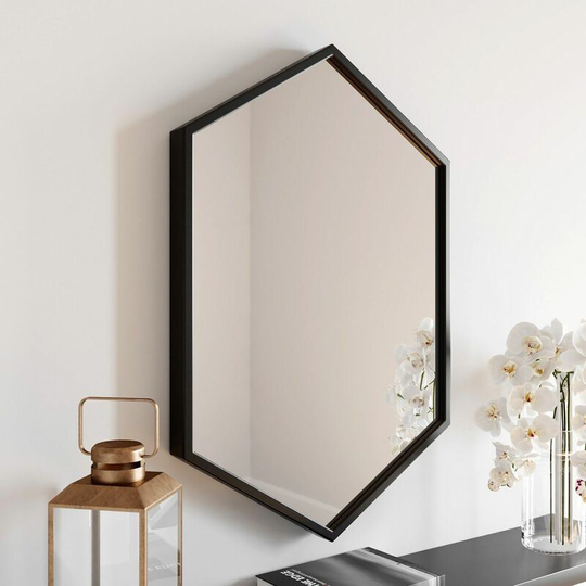 Large Modern Hexagonal Glass Mirror 75x50cm Black Iron Frame Wall Mounted Vanity - Black