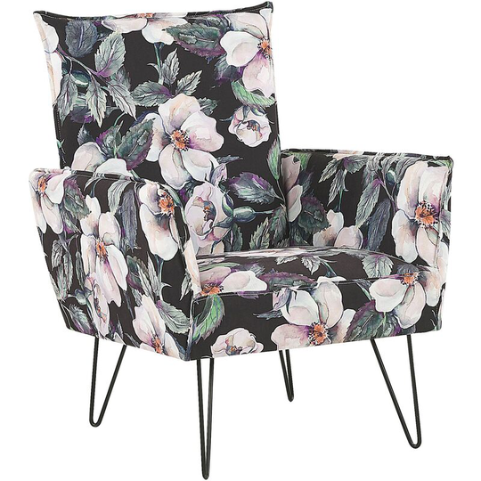 Beliani - Fabric Armchair Metal Hairpin Legs Living Room Floral Pattern Black Ribe - Multicolour