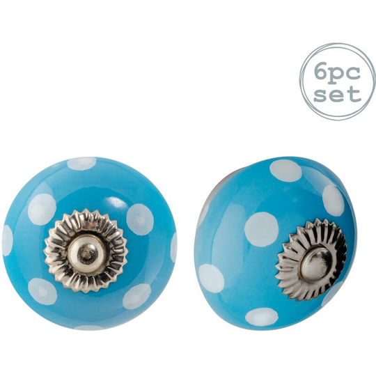 Round Ceramic Cabinet Knobs - Light Blue Spot - Pack of 6 - Nicola Spring