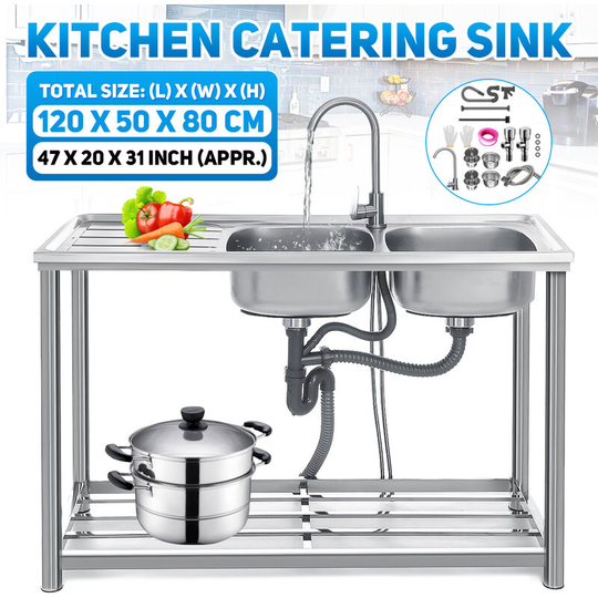 Kingso - Stainless Steel Sink Double Bowl Kitchen Catering Table Waste Kit Drainer w/ Tap