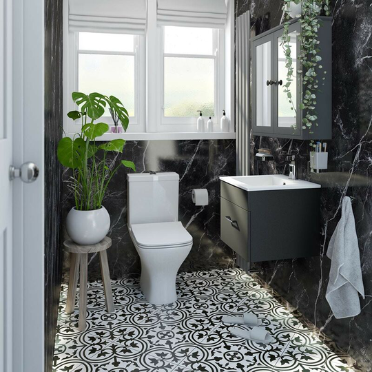 Orchard - Lea soft black wall hung vanity unit 420mm and Derwent square close coupled toilet suite - Black