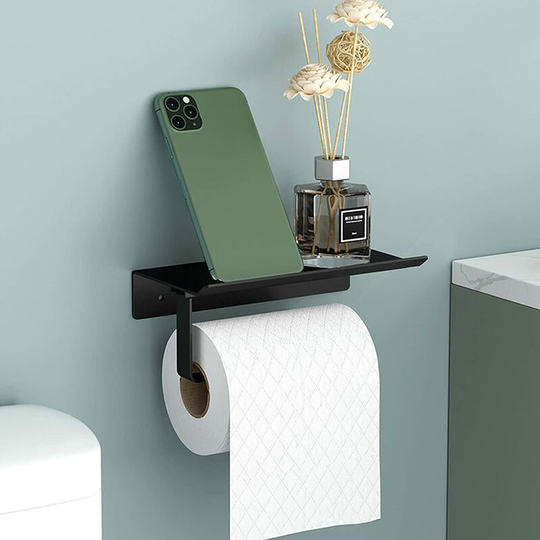 Toilet Paper Holder Aluminum Wall Mount Roll Holder with Spacious Shelves, Wall Mounted Toilet Paper Holder(Black