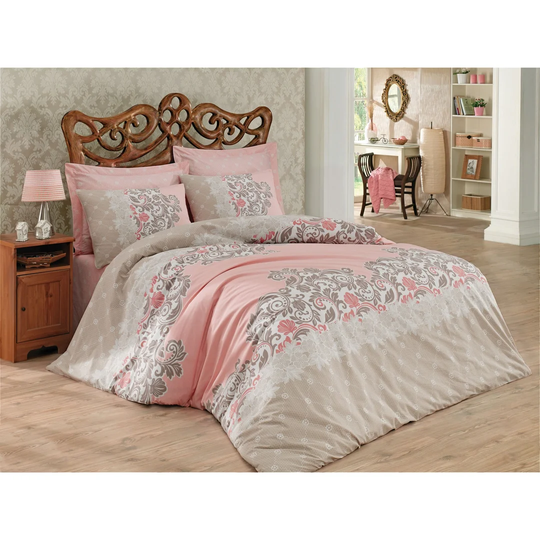 Serafina Beige/Salmon/Grey 100% Cotton Duvet Cover Set