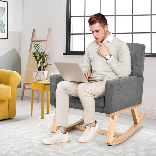 Relax Rocking Chair, Fabric Upholstered Single Sofa Armchair with Solid Wood Legs, Modern Padded Leisure Rocker Chairs for Home Living Room Bedroom