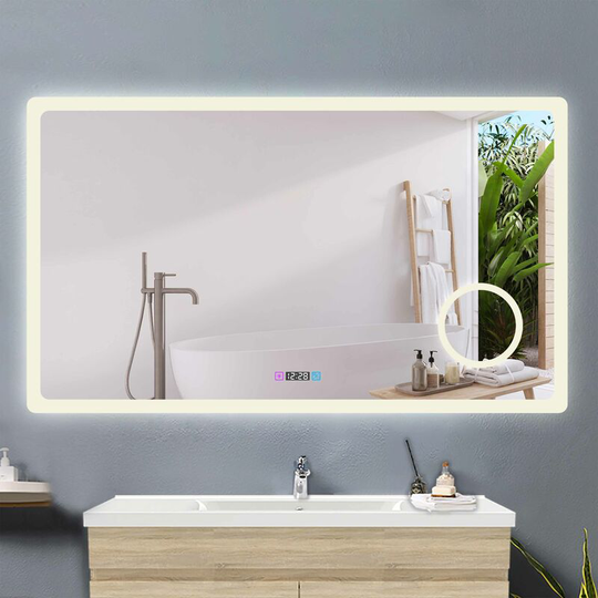 Acezanble - bathroom mirror 80x60cm + 3 adjustable led colors + anti-fog + Magnifying mirror + Digital clock