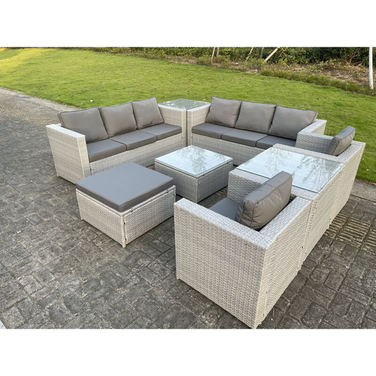 Light Grey Outdoor pe Rattan Garden Furniture Set Wicker Sofa Set Square Coffee Table 2 Armchair 2 Side Table 9 Seat - Fimous