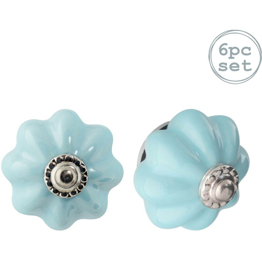 Floral Ceramic Cabinet Knobs - Blue - Pack of 6 - Nicola Spring