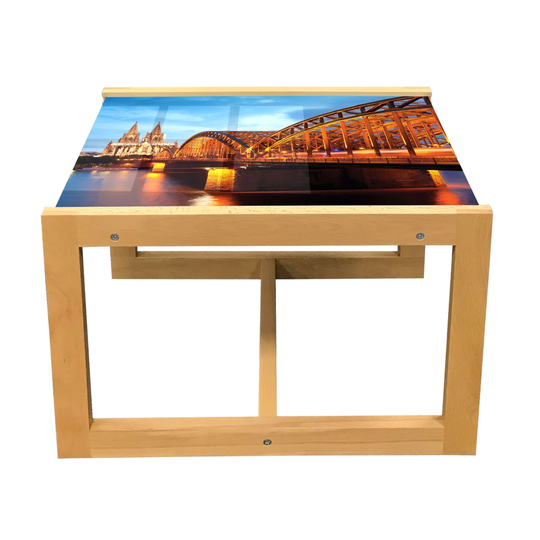 Cityscape Coffee Table, German Scenery Of Hohenzollern Bridge And Cologne Historic View, Acrylic Glass Center Table With Wooden Frame For Offices Dorm