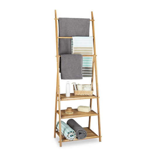 Relaxdays - Bamboo Towel Rack, Folding, Small Clothes Stand, 3 Shelves 3 Towel Rails, 4 Side Hooks, Size: ca 152 x 53 x 31 cm, Wood, Natural Brown