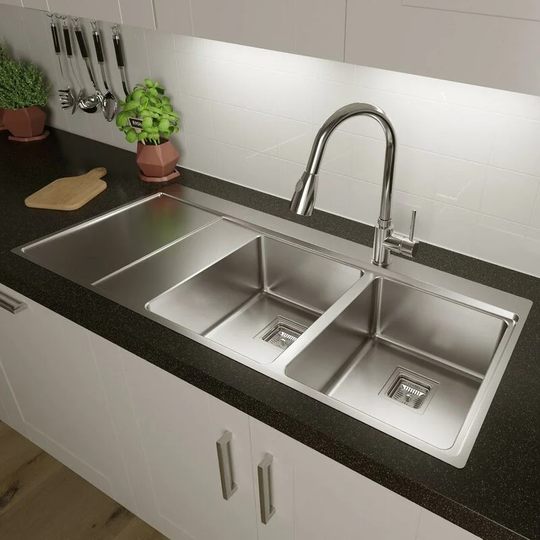 Sauber - Kitchen Sink 2 Bowl Square Inset Stainless Steel Left Hand lh Drainer Overflow - Silver