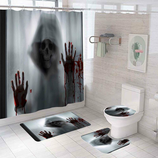 Blood Skull Halloween Shower Curtain Sets, Generic Halloween Bathroom Decor Set 71 inch x 71 inch - Shower Curtain with Mat, Toilet Lid Cover, Bath
