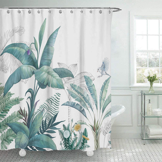 Litzee - Green Shower Curtain Shower Curtain Polyester Fabric Mildew Proof Waterproof Bathroom Curtain with Rings Hooks for Bathtub Watercolor Leaves