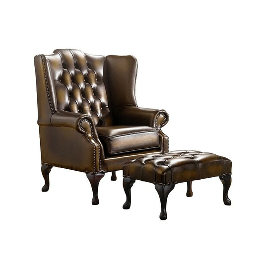 Chesterfield Handmade Mallory Flat Wing Back Armchair Antique Gold Leather + Footstool