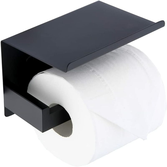 Toilet Paper Holder with Shelf - Stainless Steel - No Drilling - Self Adhesive or Wall Mounted - Matte Black