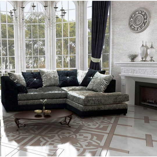 Bella Right Hand Facing Crushed Velvet Corner Sofa - Black & Silver