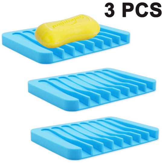 3pcs Soap Dish Shower Waterfall Soap Tray Soap Saver Soap Holder Drainer Flexible Silicone for Shower/Bathroom/Kitchen/Counter Top,Easy Cleaning-Blue