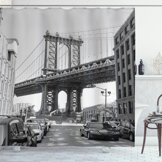 Brooklyn New York USA Landmark Bridge Street with Cars Polyester Shower Curtain Set